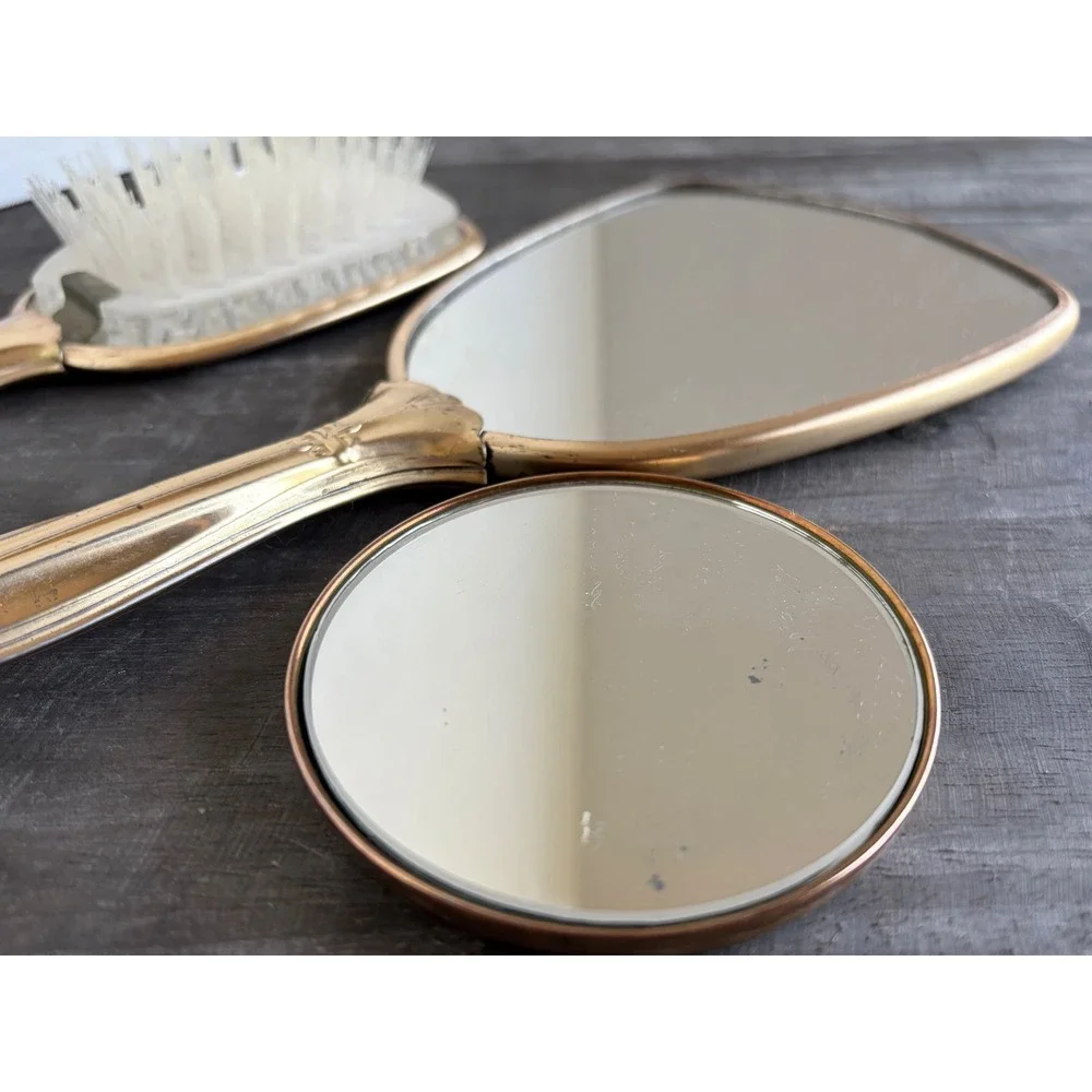 Vintage Gold Tone Floral Vanity Set Hand Mirror Hairbrush Compact 3 Piece Set
